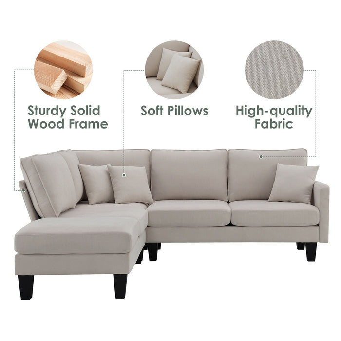 Terrycloth Modern Sectional Sofa, 5-Seat Practical Couch Set With Chaise Lounge, L-Shape Minimalist Indoor Furniture With 3 Pillows For Living Room, Apartment, Office, 3 Colors - Beige