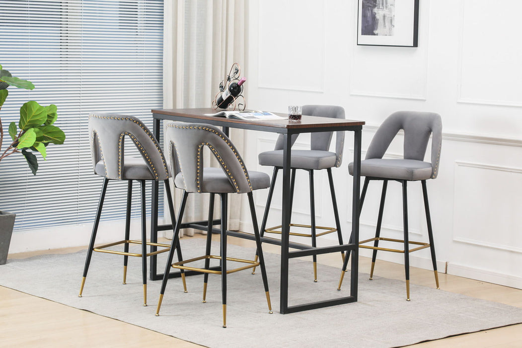 Akoya Collection Modern Contemporary Velvet Upholstered Connor 28" Bar Stool & Counter Stools With Nailheads And Gold Tipped Black Metal Legs, (Set of 2) - Gray