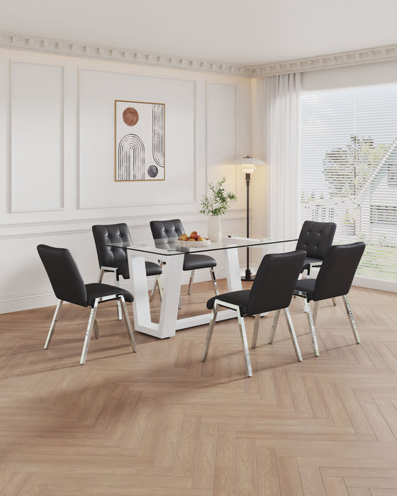 Table And Chair Set, Rectangular Dining Table, Equipped With Glass Tabletop And White MDF Trapezoidal Support, Paired With Lattice Armless High Back Dining Chairs (1 Table And 6 Chairs) - White