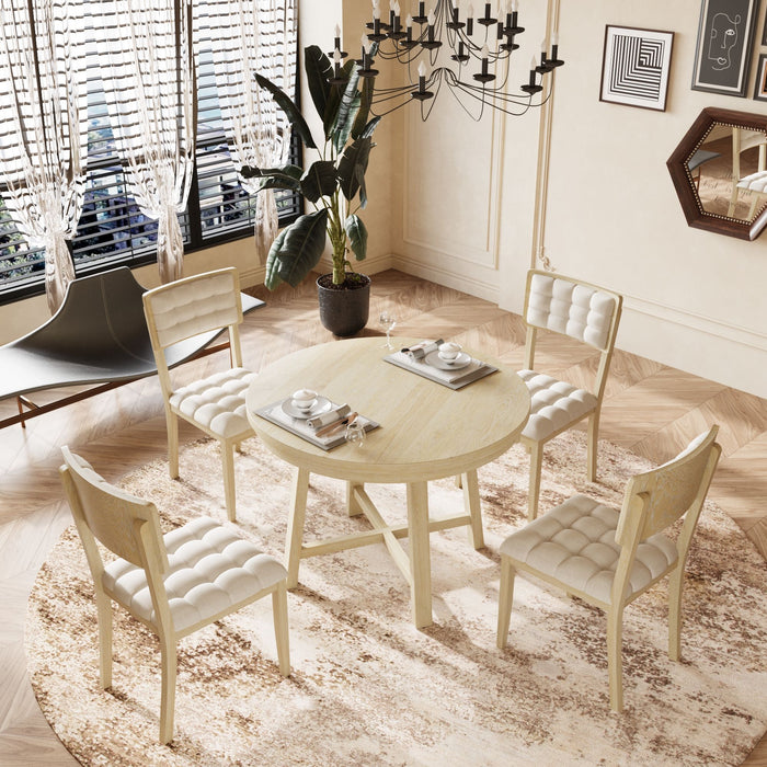 Topmax Rustic Round Dining Table Set With Cross Legs And Upholstered Dining Chairs For Small Places, Natural