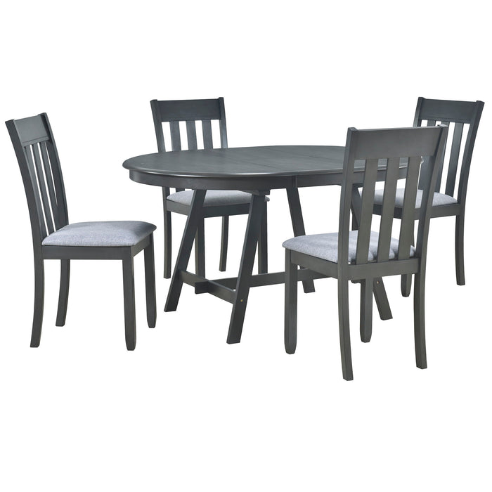 Trexm 5 Piece Wood Dining Table Set Round Extendable Dining Table With 4 Dining Chairs, Dining Room Table Set For 4 Person For Dining Room (Gray)