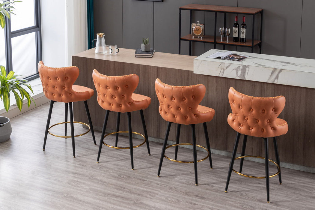 Counter Height 25" Modern Leathaire Fabric Bar Chairs, 180 Degrees Swivel Bar Stool Chair For Kitchen, Tufted Gold Nailhead Trim Bar Stools With Metal Legs, (Set of 2) (Orange)