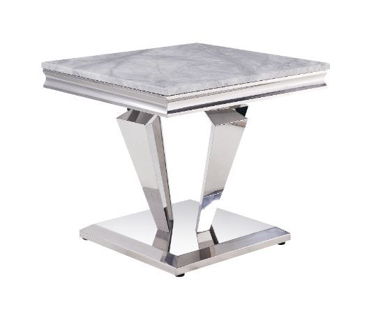 Satinka - End Table - Light Gray Printed Faux Marble & Mirrored Silver Finish Unique Piece Furniture