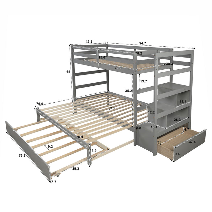 Twin Over Twin/King (Irregular King Size) Bunk Bed With Twin Size Trundle, Extendable Bunk Bed - (Gray)