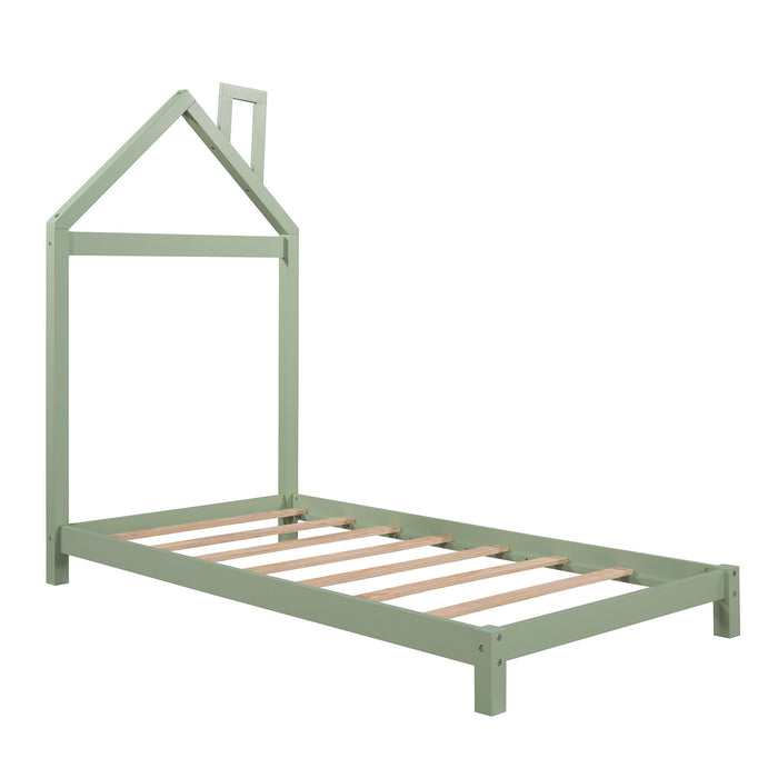 Twin Size Wood Platform Bed With House Shaped Headboard (Green)