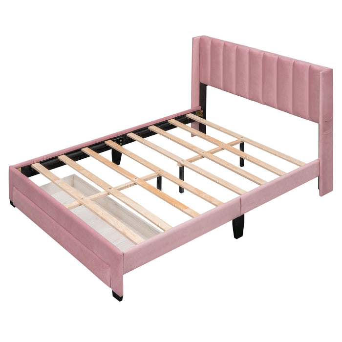 Queen Size Storage Bed Velvet Upholstered Platform Bed With Big Drawer - Pink