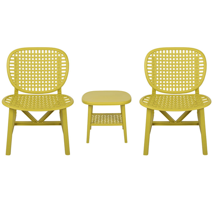 3 Pieces Hollow Design Patio Table Chair Set All Weather Conversation Bistro Set Outdoor Coffee Table With Open Shelf And Lounge Chairs With Widened Seat For Balcony Garden Yard Yellow