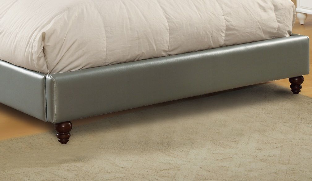 Full Size Bed 1 Piece Bed Set Silver Faux Leather Upholstered Wingback Design Bed Frame Headboard Bedroom Furniture Tufted Upholstered