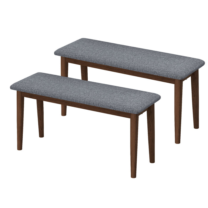 2 Pieces Upholstered Benches Retro Upholstered Bench Solid Rubber Wood For Kitchen Dining Room Grey And Walnut Color