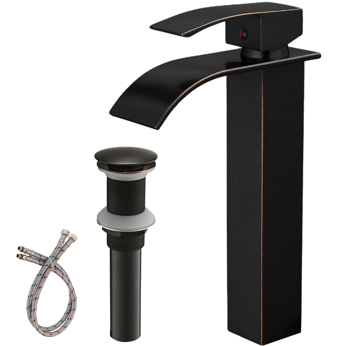 Waterfall Single Hole Single Handle Bathroom Vessel Sink Faucet With Pop Up Drain Assembly In Oil Rubbed Bronze