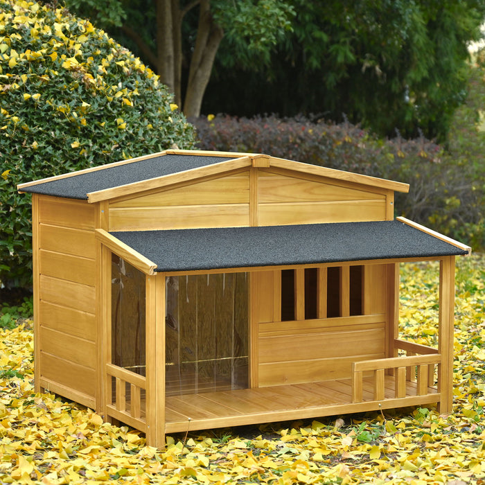 Go Wooden Dog House, Outdoor & Indoor Dog Crate, Pet Kennel With Porch, Solid Wood, Weatherproof, Medium, Nature