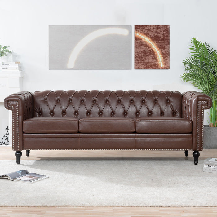 83.66" Width Traditional Square Arm Removable Cushion 3 Seater Sofa - Dark Brown