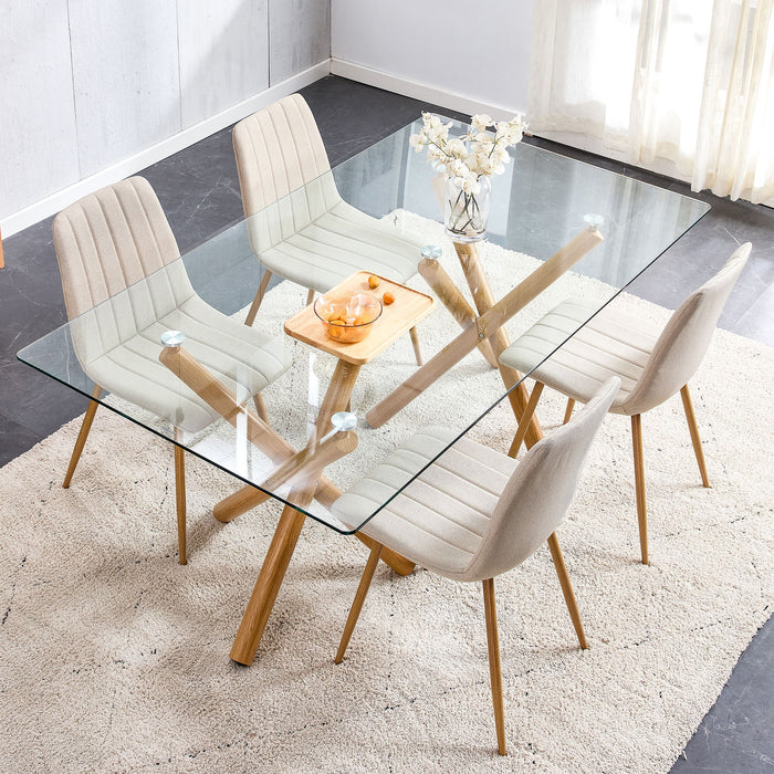 Large Modern Minimalist Rectangular Glass Dining Table For 6-8 With Tempered Glass Tabletop And Wood Color Metal Legs