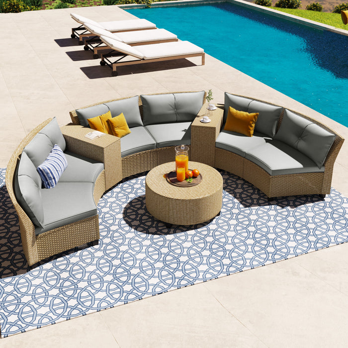 U_Style 6 - Person Fan-Shaped Rattan Suit Combination With Cushions And Table For Garden