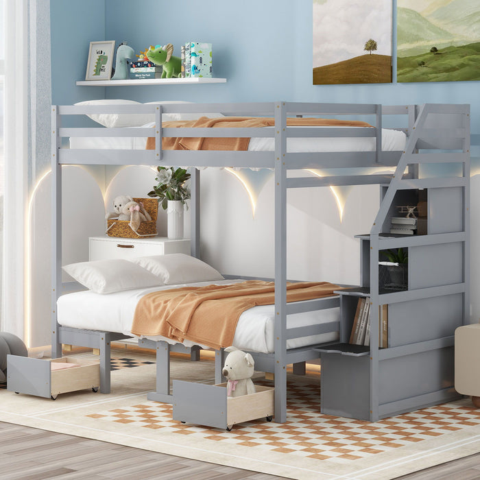 Full Over Full Size Bunk With Staircase, The Down Bed Can Be Convertible To Seats And Table Set, Gray