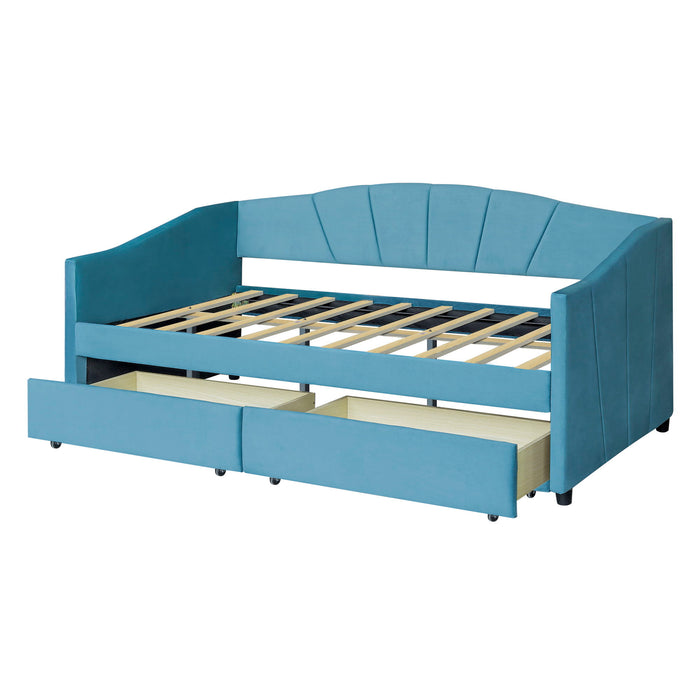 Upholstered Daybed Twin Size With Two Drawers And Wood Slat, Blue
