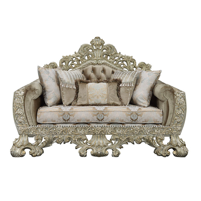 Acme Sorina Loveseat With 5 Pillows Velvet, Fabric & Antique Gold Finish