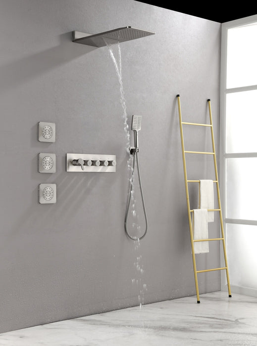 Wall Mounted Waterfall Rain Shower System With 3 Body Sprays & Hand Held Shower - Chrome