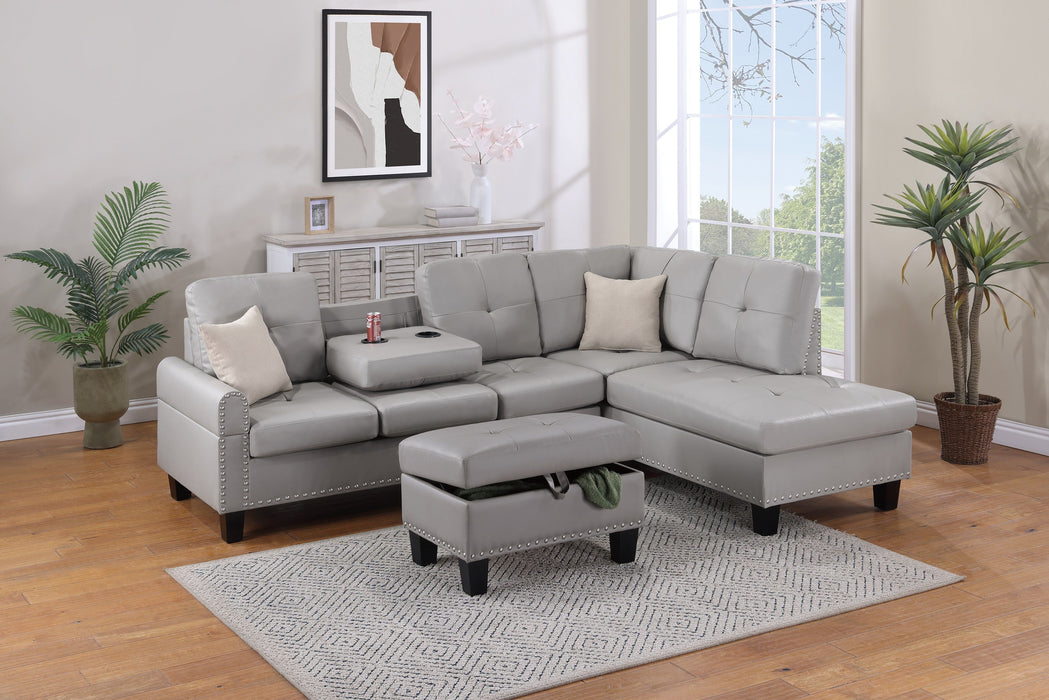 Grey Faux Leather Living Room Furniture 3 Pieces Sectional Sofa Set LAF Sofa RAF Chaise And Storage Ottoman Cup Holder Couch