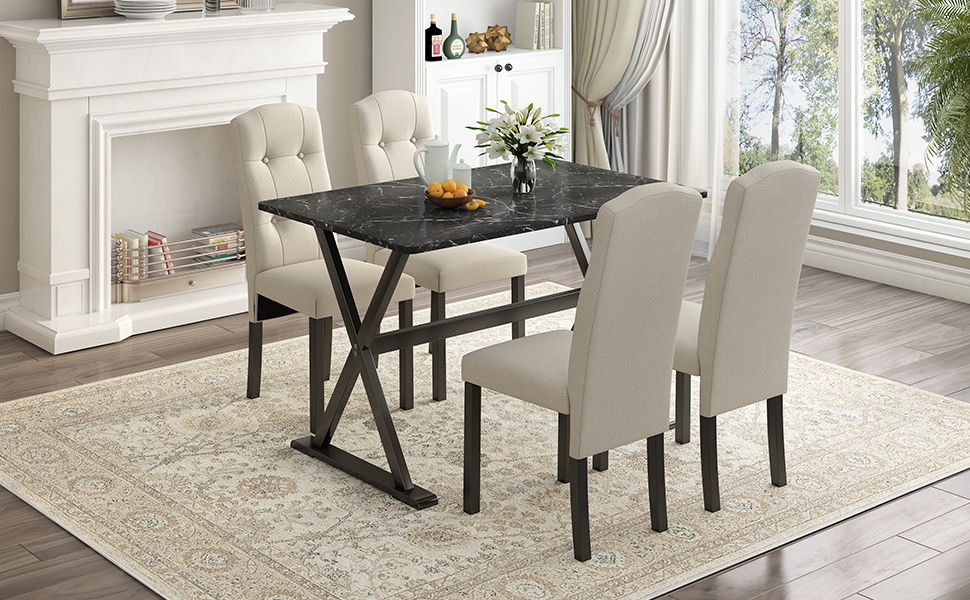 Top max Solid Wood 5 Piece Dining Table Set With Faux Marble TableTop And Upholstered Dining Chairs For 4, Faux Marble Black / Beige