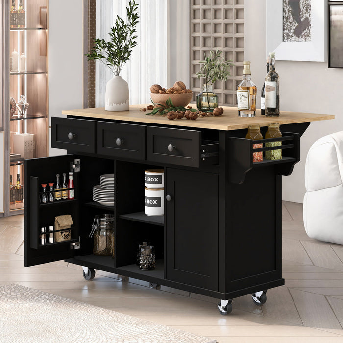 Kitchen Cart With Rubber Wood Drop - Leaf Countertop, Cabinet Door Internal Storage Racks, Kitchen Island On 5 Wheels With Storage Cabinet And 3 Drawers For Dinning Room, Black
