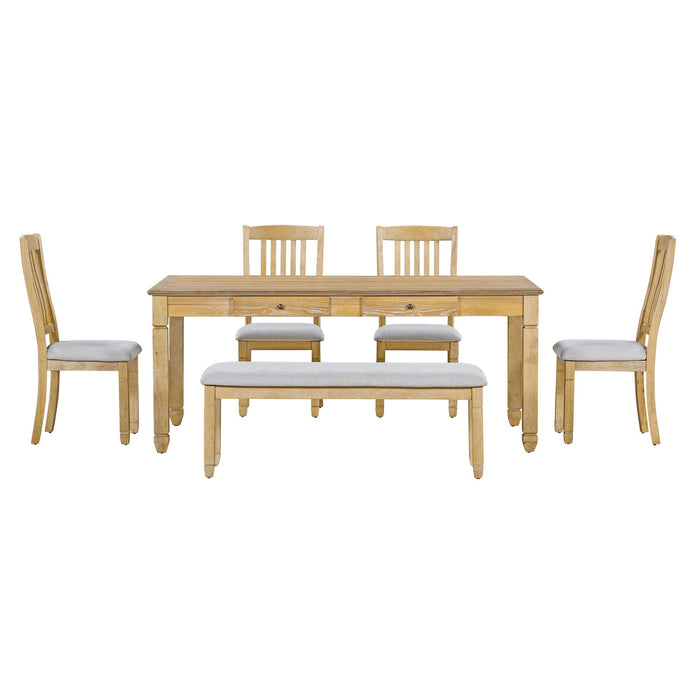 Trexm 6 Piece Retro 72'L Rectangular Dining Table Set With 4 Drawers, 4 Upholstered Chairs & 1 Bench For Dining Room (Natural Wood Wash)