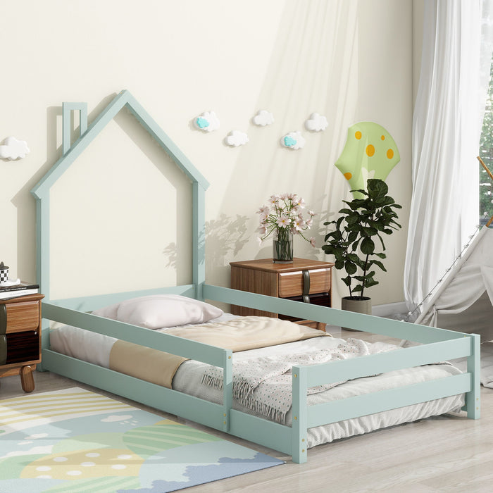 Twin Size Wood Bed With House-Shaped Headboard Floor Bed With Fences, Light Green