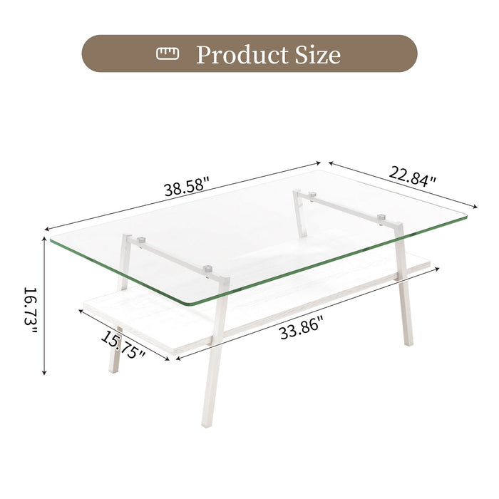 Rectangle Coffee Table, Tempered Glass Tabletop With White Metal Legs, Modern Table For Living Room, Transparent Glass