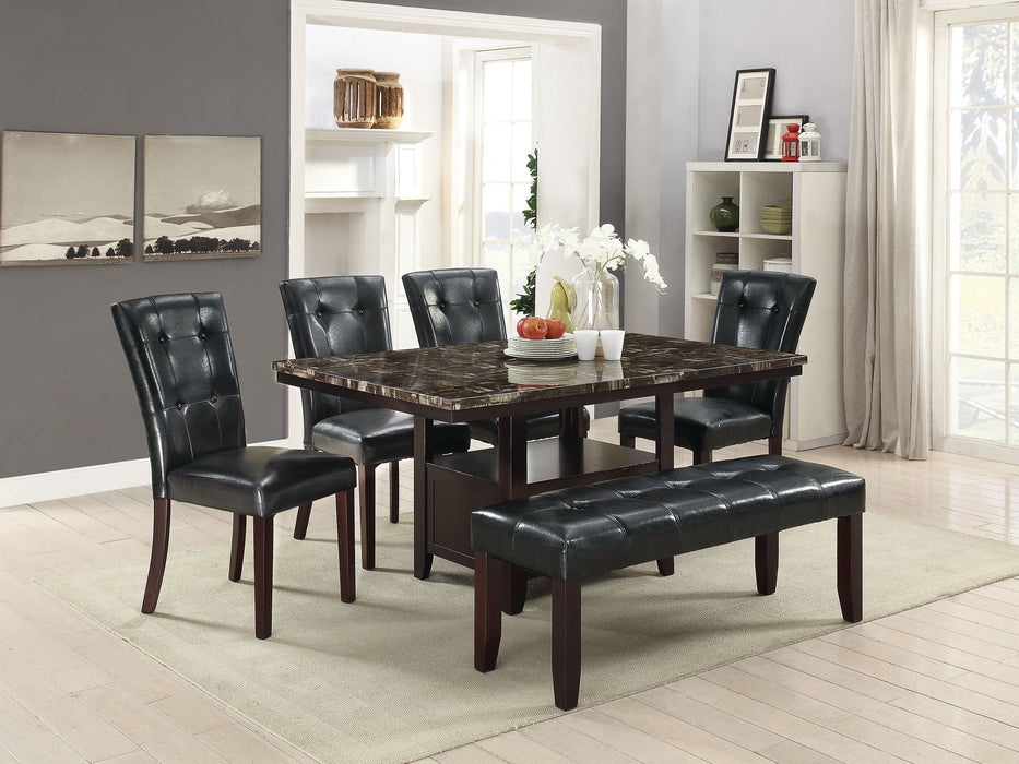 Modern Dining Room Furniture 6 Pieces Dining Set Dining Table Storage 4 Side Chairs 1 Bench Black Faux Leather Tufted Seats Faux Marble Table Top