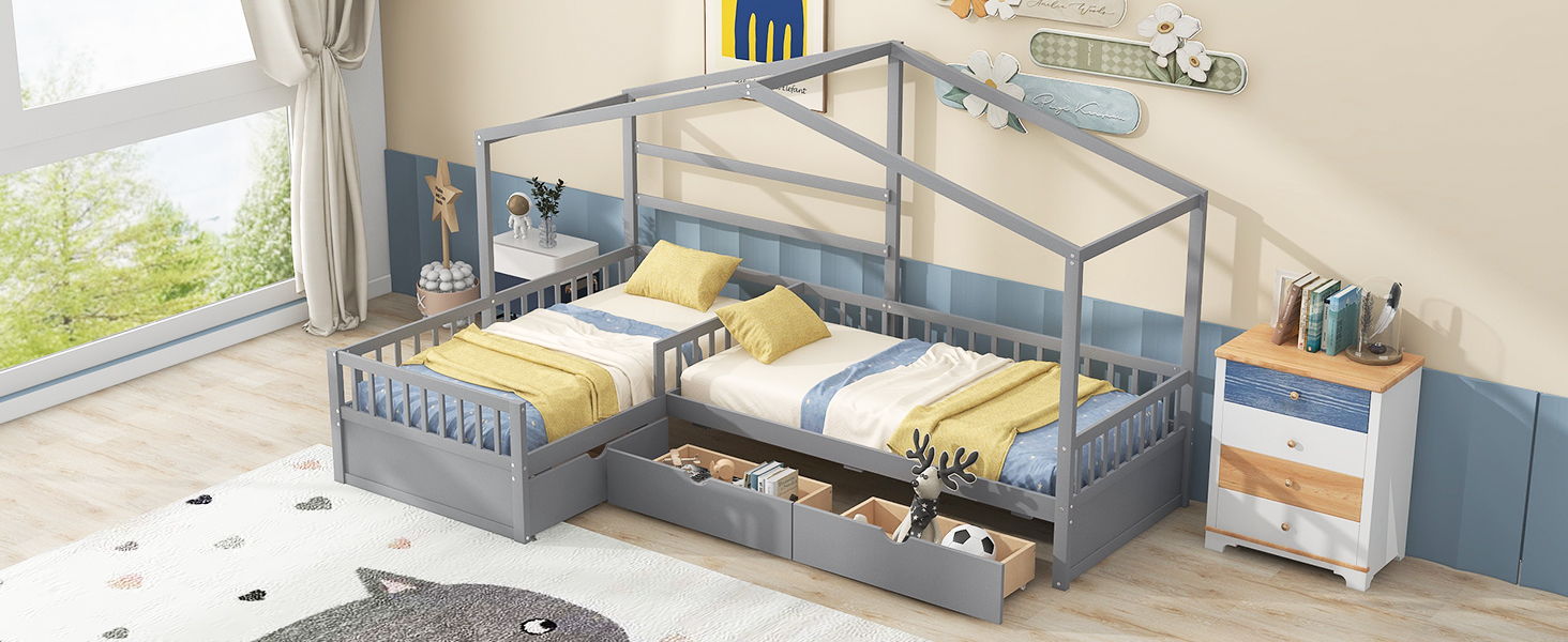 Twin Size House Platform Bed With Three Storage Drawers, Gray
