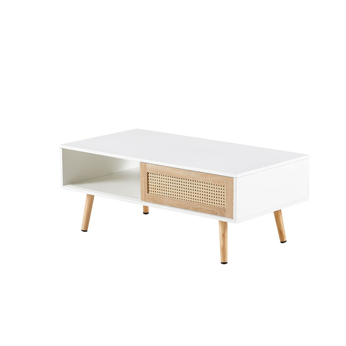 41.34" Rattan Coffee Table, Sliding Door For Storage, Solid Wood Legs, Modern Table For Living Room, White