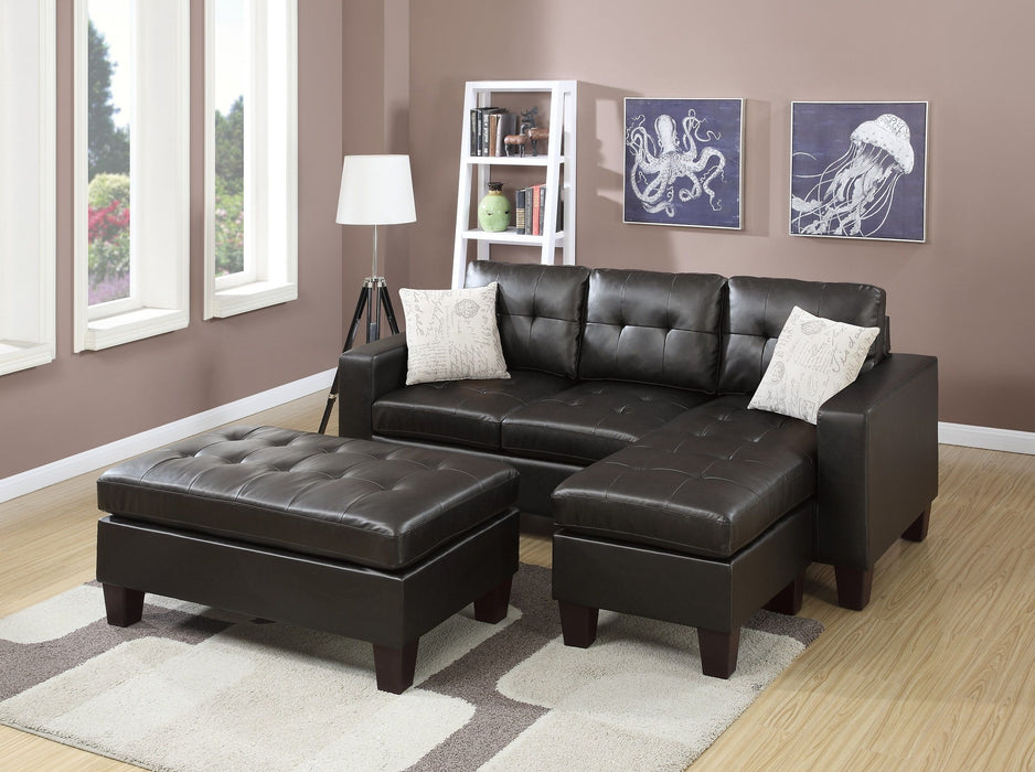 Espresso Faux Leather 3 Pieces Reversible Sectional Sofa Chaise With Ottoman Chaise Tufted Couch Lounge Living Room Furniture