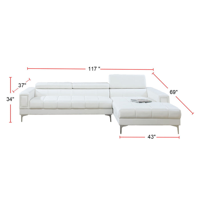 Bonded Leather Sectional Sofa With Adjustable Headrest In White