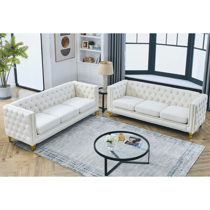 Velvet Sofa For Living Room, Buttons Tufted Square Arm Couch, Modern Couch Upholstered Button And Metal Legs, Sofa Couch For Bedroom, Beige Velvet, 2 Pieces