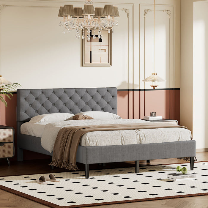 Upholstered Linen Platform Bed, Queen Size, Gray