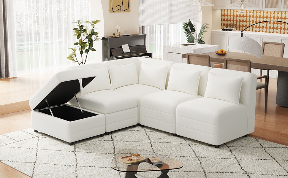 Free-Combined Sectional Sofa 5-Seater Modular Couches With Storage Ottoman, 5 Pillows For Living Room, Bedroom, Office, Cream