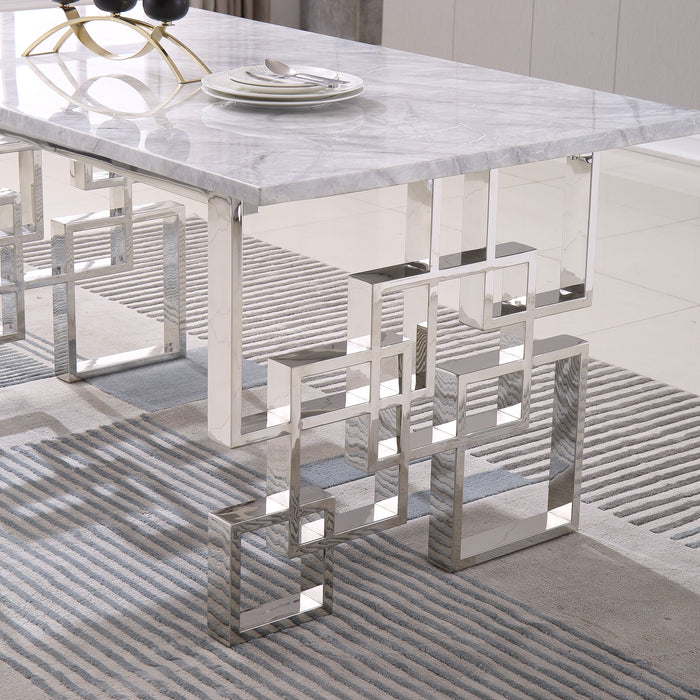 Contemporary Rectangular Marble Table, 0.71" Marble Top, Silver Mirrored Finish, Luxury Design For Home (63" X35.4" X29.5" )