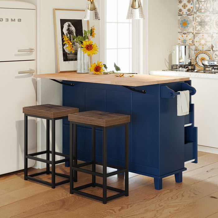 Topmax Farmhouse Kitchen Island Set With Drop Leaf And 2 Seatings, Dining Table Set With Storage Cabinet, Drawers And Towel Rack, Blue / Black / Brown