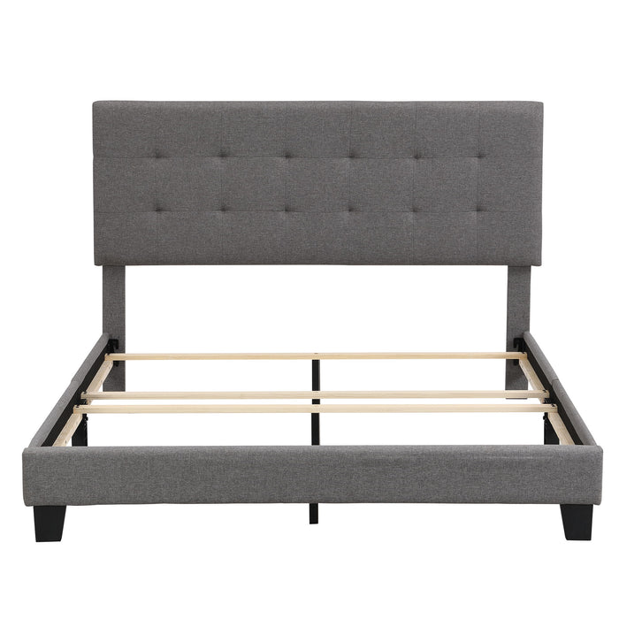 Upholstered Platform Bed With Tufted Headboard, Box Spring Needed, Gray Linen Fabric, Queen Size