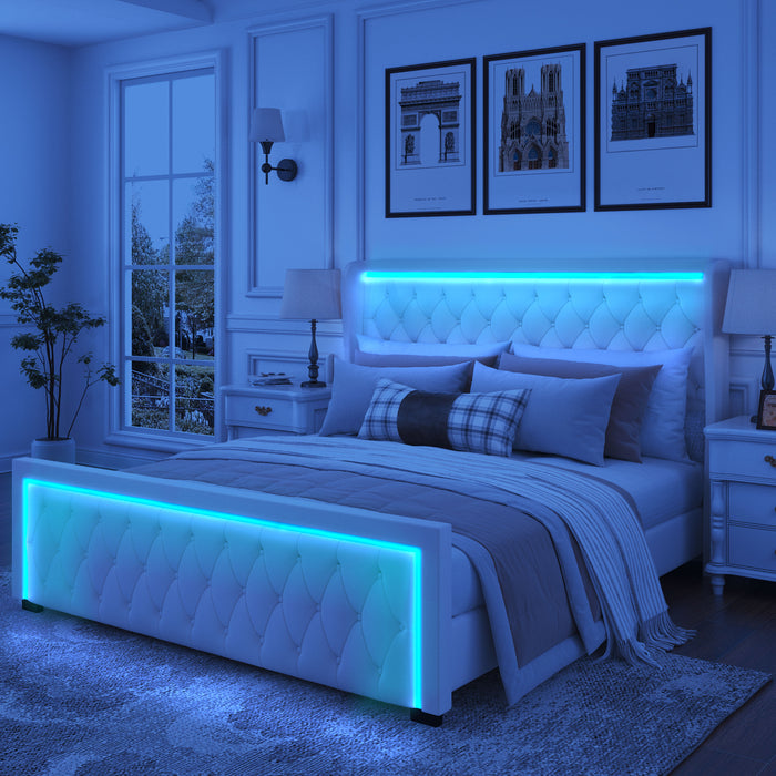 King Platform Bed Frame, Velvet Upholstered Bed With Deep Tufted Buttons, Adjustable Colorful Lighted Strip Decorative Headboard, Wide Wingbacks, Beige