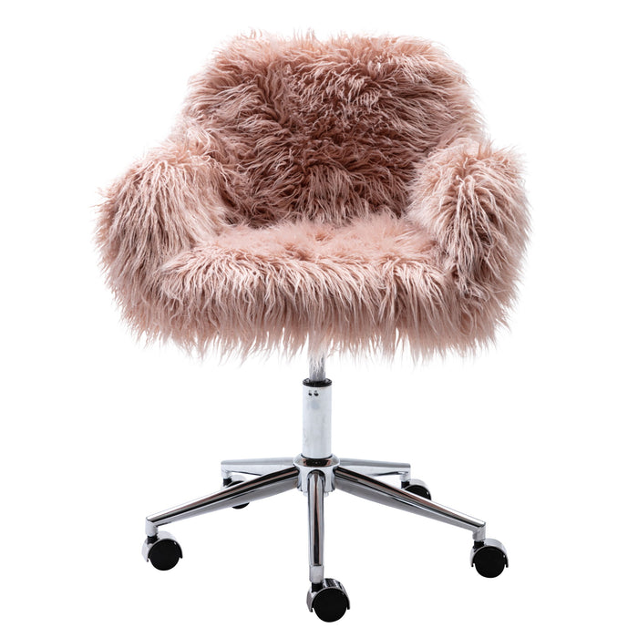 Hengming Modern Faux Fur Home Office Chair, Fluffy Chair For Girls, Makeup Vanity Chair - Pink
