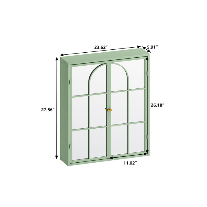 23.62" Vintage Two Door Wall Cabinet With Mirror, Three-Level Entrance Storage Space For Living Room, Bathroom, Dining Room, Green