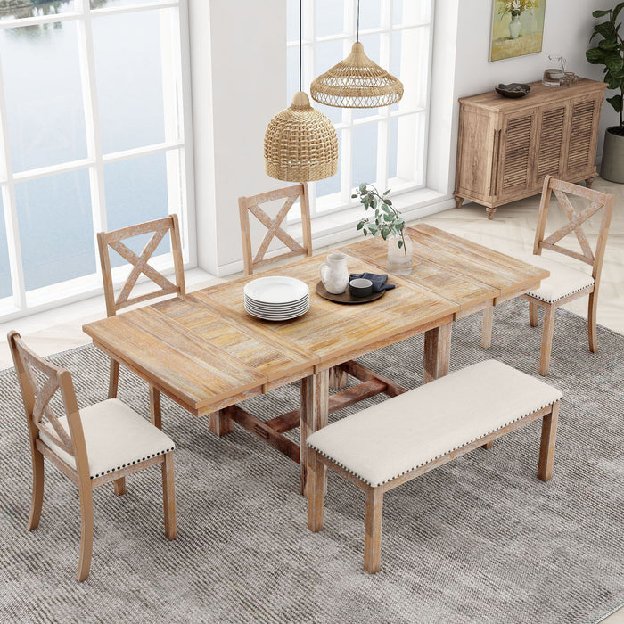 Top max Farmhouse 82 Inch 6 Piece Extendable Dining Table With Footrest, 4 Upholstered Dining Chairs And Dining Bench, Two 11"Removable Leaf, Natural / Beige Cushion