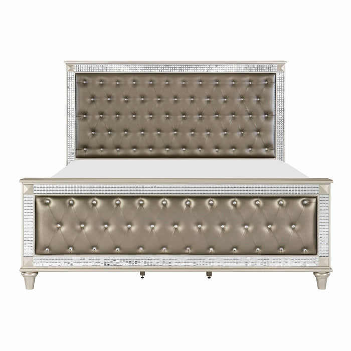 Glamorous Style Champagne Finish Queen Bed 1 Piece Upholstered Headboard Footboard Arcylic Crystals Trim Tufting Modern Bedroom Furniture