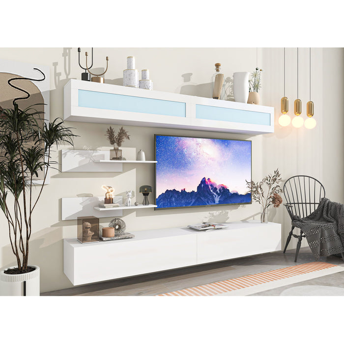 On-Trend Wall Mount Floating TV Stand With Four Media Storage Cabinets And Two Shelves, Modern High Gloss Entertainment Center For 95/" TV, 16 - Color Rgb LED Lights For Living Room, Bedroom, White