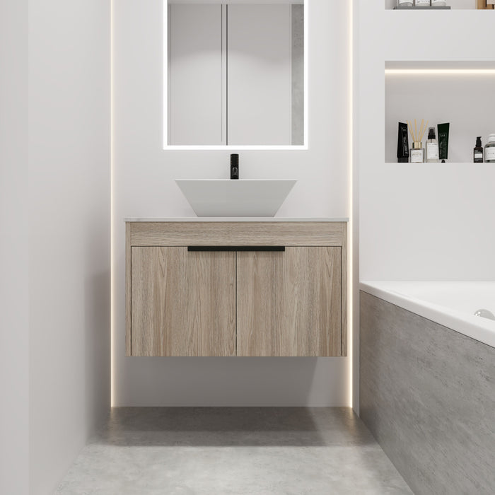 30" Modern Design Float Bathroom Vanity With Ceramic Basin Set, Wall Mounted White Oak Vanity With Soft Close Door, KD-Packing, KD-Packing, 2 Pieces Parcel, Top - Bab101Mowh