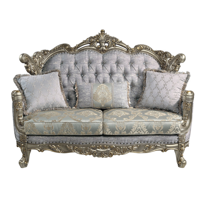 Acme Miliani Loveseat With 3 Pillows, Fabric & Antique Bronze Finish