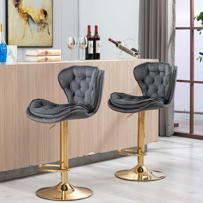 (Set of 2) Bar Stools, With Chrome Footrest And Base Swivel Height Adjustable Mechanical Lifting Gray Velvet And Golden Leg Simple Bar Stool