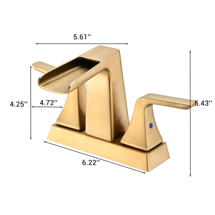 Two Handle 4" Center Set Waterfall Bathroom Sink Faucet, Brushed Golden