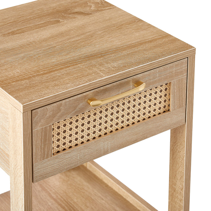Rattan End Table With Drawer, Modern Nightstand, Side Table For Living Roon, Bedroom, Natural